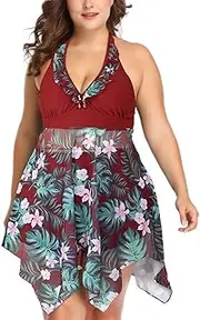 [Flyself] Womens Two Piece Swimsuit Plus Size Halter Swimdress Swimming Costume Tankini Sets Tummy Control Swimwear with High Waist Briefs Skirt