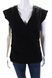 Artelier Nicole Miller Womens Ruched Surplice Cap Sleeve Top Blouse Black XL