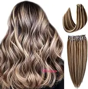 Clip in Hair Extensions Brown with Blonde Highlights Human Hair Extensions 7 Pieces 100G Skin Weft Remy Clip in Human Hair Extensions Fine Hair Full Head Silky Straight Real Hair Extensions for Women