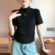 Short-Sleeve Mock Neck Plain T-Shirt Black - M