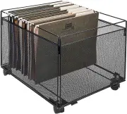 Rolling Black Metal Mesh Hanging File Folder Organizer and Document Storage Bin