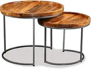 Side Table Set, 2 Pieces, Solid Mango Wood, Industrial Style Living Room Furniture, Rustic Farmhouse Decor for Home