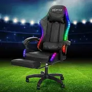 Artiss Massage Gaming Chair, PU Leather 6 Point 7 LED Ergonomic Office Computer Desk Recliner Chairs Armchair for Room Executive Home, with Retracted Footrest 360° Rotatable Height Adjustment Black