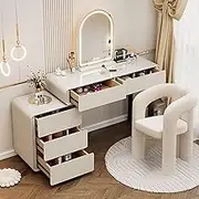 Dressing Table with Mirror and Stool,with Adjustable Brightness Mirror, Girls Women Vanity Desk for Bedroom Dressing Room,Modern Makeup Table with Slide Mirror, Vanity Table Set(White,31in/80cm)