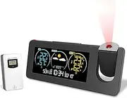 Projection Alarm Clock, Weather Station with Outdoor Sensor, Bedroom Projector Dimmable Clock Dual Alarms LCD Display Date Time Temperature Humidity/Weather Forecast