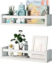Nursery Book Shelves, Wood Floating Shelves for Kids Room Set of 2, Kitchen Spice Rack, Rustic Wall Mounted Wooden Wall Bookshelf, Farmhouse Bathroom Décor (White)