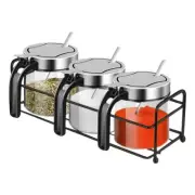 3 Pcs Stainless Steel Salt And Pepper Glass Condiment Jars Spice Contaers Lids