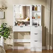 Vanity Desk with Mirror and Lights, Makeup Vanity Table Set with 4 Storage Drawers,Small Dressing Table with Adjustable Brightness for Girls Bedroom, White