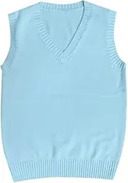 [Betonsa] Men Women Knitted Cotton V-Neck Vest JK Uniform Pullover Sleeveless Sweater School Cardigan, Light Blue, 3X-Large