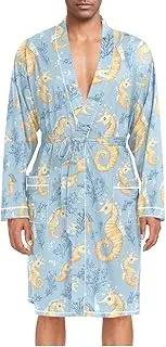 [ZZXXB] Seahorse with Coral Mens Sleepwear Robe Lightweight Nightgown Long Sleeves Spa Bathrobe with Pockets M-XL