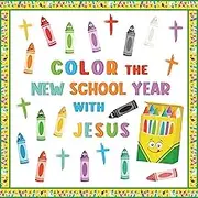 Back to School Religious Bulletin Board - 119Pcs Color the New School Year With Jesus Bulletin Board Classroom Decoration Jesus Cross Crayons Cutouts School Classroom Chalkboard Wall Door Decor
