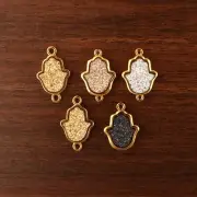 Hamsa Multi Color Natural Coated Druzy Yellow Gold Plated DIY Connectors 5 Pcs