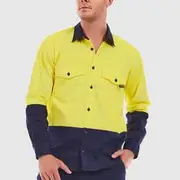 Tradie Flex L/Sleeve Shirt Hi Vis Yellow/Navy L