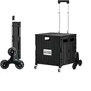 Foldable Shopping Cart 65L Plastic Shopping Trolley Stair Climbing Utility Crate,Folding Utility Cart Portable Rolling Crate with Collapsible 360° Rotate Wheels&Telescoping Handle (Black)