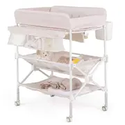Babyjoy Foldable Baby Changing Table Waterproof Diaper Change Station w/Wheels Adjustable Nursery Organizer Natural