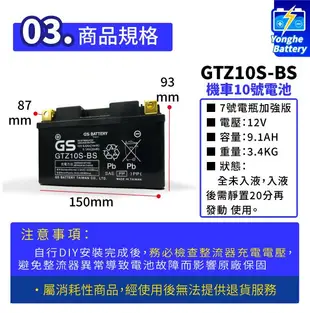 永和電池 GS統力 未入液 機車10號電瓶 GTZ10S-BS 10號電池 7號電瓶加強 同TTZ10S V2 悍將