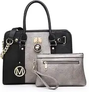 [MKP COLLECTION] MKP Women Satchel Handbags Purses Two tone Top Handle Tote Shoulder Bags with Matching Wristlet Wallet Set 2pcs