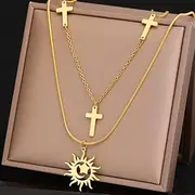 [SHMAZ] Stainless Steel Necklaces Cross Moon Star Sun Layered Snake Chains Pendants Necklace For Women