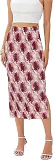 [Abaadlw] Maxi Skirts for Women with Slit Long Midi Length Floral Elastic Pleated Skirt for Party Holiday, Floral Pink Rose, Large