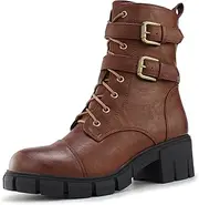 [Tobfis] Women's Combat Boots Side Zipper Buckle Chunky Heel Ankle Booties