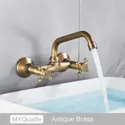 Wall Mounted Bathroom Kitchen Faucet Dual Handle Brass Antique Hot and Cold Water Tap 360 Swivel Long Spout Kitchen Mixer Tap Antique Brass