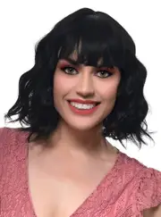 Short Black Wavy Bob Fashion Wig with Fringe and Skin Top Part