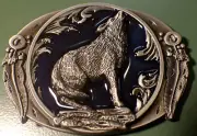 WOLF Howling antique silver dark blu color outdoors man hunting Beautiful buckle