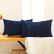 Hckot Pack of 2 Farmhouse Throw Pillow Covers 12x20 Patchwork Striped Soft Corduroy Decorative Pillows Lumbar Cushion Covers, Outdoor Pillows Home Decor for Sofa Couch Bed Chair(Navy Blue)