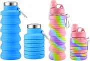 Collapsible Water Bottle, Reusable BPA-Free Silicone Portable Water Bottle, Leak-proof Sealed Strong Sports Bottle With Mountaineering Buckle, Stainless Steel Lid, One Blue, One Pink