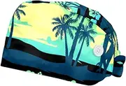 [WOSHJIUK] Working Hat 2 Pack Scrub Caps for Women,Tropical Green Palm Tree Flower,Tie Back Cap Adjustable Scrub Hat