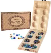 Wooden Mancala Board Game Set - Folding Board - 72+8 Bonus Multi Color Glass Sto