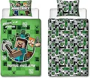 MINECRAFT Official Single Duvet Cover Set | Block Check Gaming Design Reversible 2 Sided Bedding Including Matching Pillow Case | Single Bed Set