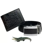 Luxury Combo Leather Wallet + Belt Black Real Crocodile Leather Skin Men's Gift