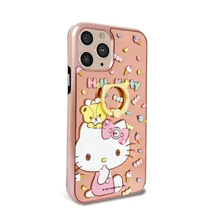 三麗鷗 Kitty iPhone 11 Pro Max 6.5吋施華彩鑽全包鏡面指環雙料手機殼-童趣凱蒂