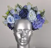 Pastel Cobalt Light Blue Rose Peony Fern Headband Flower Crown Fascinator