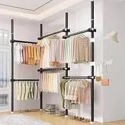 Heavy Duty Telescopic Wardrobe Organizer, Movable Hanging Rail Garment Rack, DIY by Hand No Damage to Walls Or Ceiling Fit High Ceiling Up to 3.1m Clothes Wardrobe 4 Poles 6 Bars(Black)