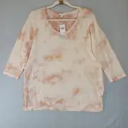 Pure Jill Shirt Womens Small NWT Petite 3/4 Sleeve Linen Blend Peach Tie Dye Top