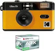 KODAK Pack F9 Silver + 400 ASA Film Cell - Camera Rechargeable 35mm Yellow Fixed Wide Angle Lens Optical Viewfinder Built-in Flash + Film APX 00 36 Shots