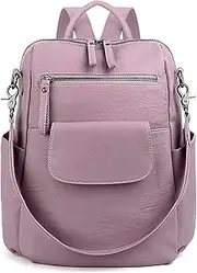 [UTO] Women Backpack Purse 3 ways PU Washed Leather Ladies Rucksack Shoulder Bag Light Purple