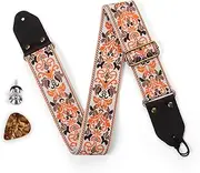 JSHshield Embroidery Guitar Strap Bass Strap,Adjustable Guitar Straps for Electric/Acoustic Guitar/Bass,Crazy Horse Leather Ends,Includes 1 Strap Lock Button and 1 Unique Picks