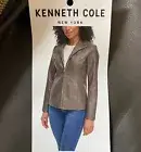 NEW Kenneth Cole Women Faux Leather Stand Up Collar Zip Coat Jacket Grey XL $225