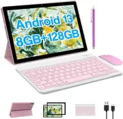 2 in 1 Tablet with Keyboard 10 inch Android 13 Tablets, 8GB+128GB, Pink