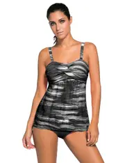 Black Tie Dye Striped Tummy Control Tankini