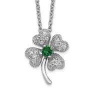 Sterling Silver Cheryl M Rhodium-Plated Brilliant-Cut Green Glass And White Cz Four Leaf Clover 15 Inch Necklace