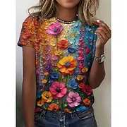 Women's T Shirt Floral Color Block Casual Short Sleeve Round Neck Regular Tops Daily Print Rainbow Summer