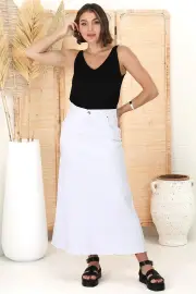 Granger Denim Maxi Skirt - High Waist Stretchy A-Line Skirt in White