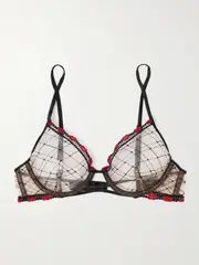 [Kiki de Montparnasse] Kiki de Montparnasse - La Bise Silk-blend Trimmed Appliquéd Embroidered Tulle Underwired Soft-cup Demi Bra - Black - 32C 32 C Black