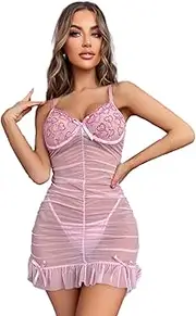 [JINZIJINYU] Lingerie for Women See Through Sexy Lingerie Nightdress Love Embroidery Mesh Temptation Pajamas Set Tights