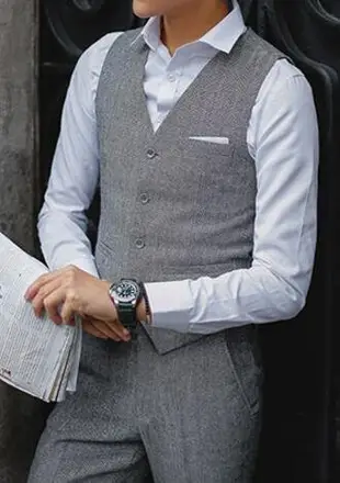 FINDSENSE品牌 韓國男 羊毛呢人字紋 三件式西裝外套 成套西裝 修身西裝 西裝外套 外套+背心+褲子