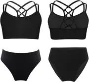 [iEFiEL] Girls Rash Guard Swimwear Strappy Back Crop Top with Briefs Summer Beach Swimsuits Bathing Suit 2Pcs Bikini